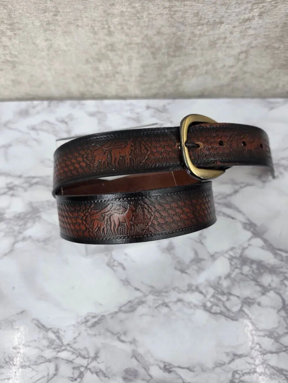Vintage Deer Embossed Leather Men’s Belt - Brown Black